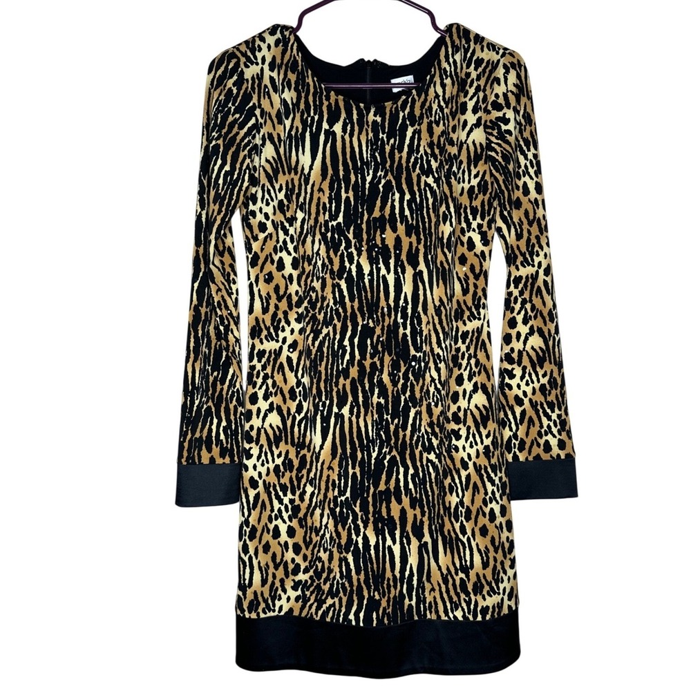 Cache Leopard Print Long Sleeve Mini Dress Black Trim Sequin Silk blend Size S